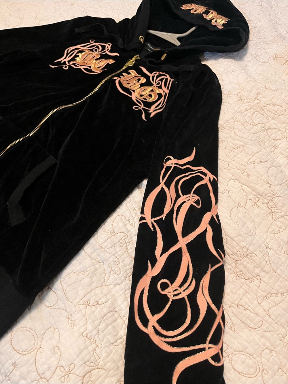BCBGMaxAzria Black Velour Hoodie with Pink Design Y2K